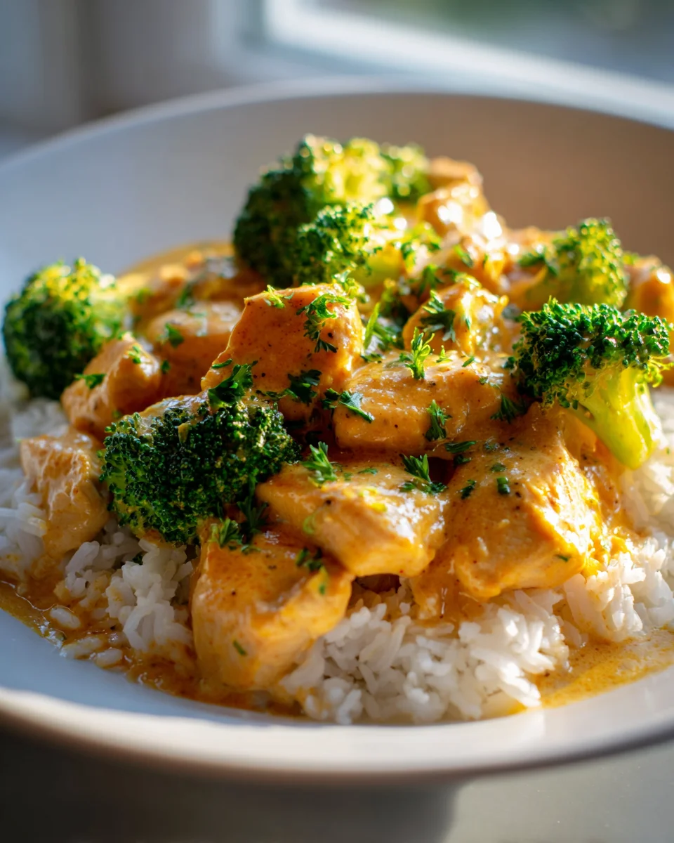 Gesunde cremige Kürbis Hähnchen Pfanne mit Brokkoli & Reis