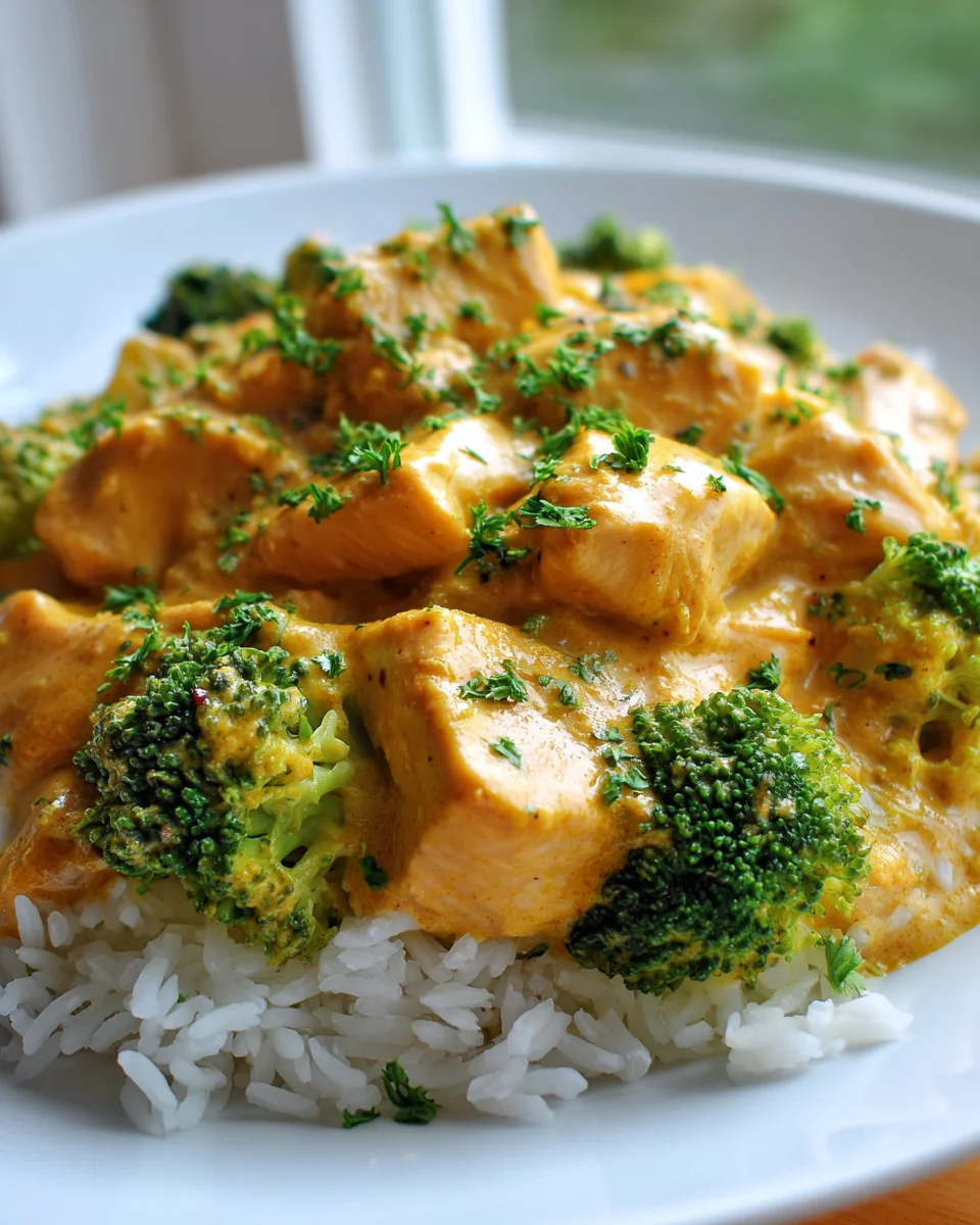 Gesunde cremige Kürbis Hähnchen Pfanne mit Brokkoli & Reis