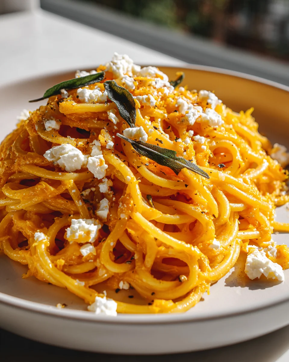 Aromatische Pasta mit Kürbis, Feta-Creme und Knoblauch