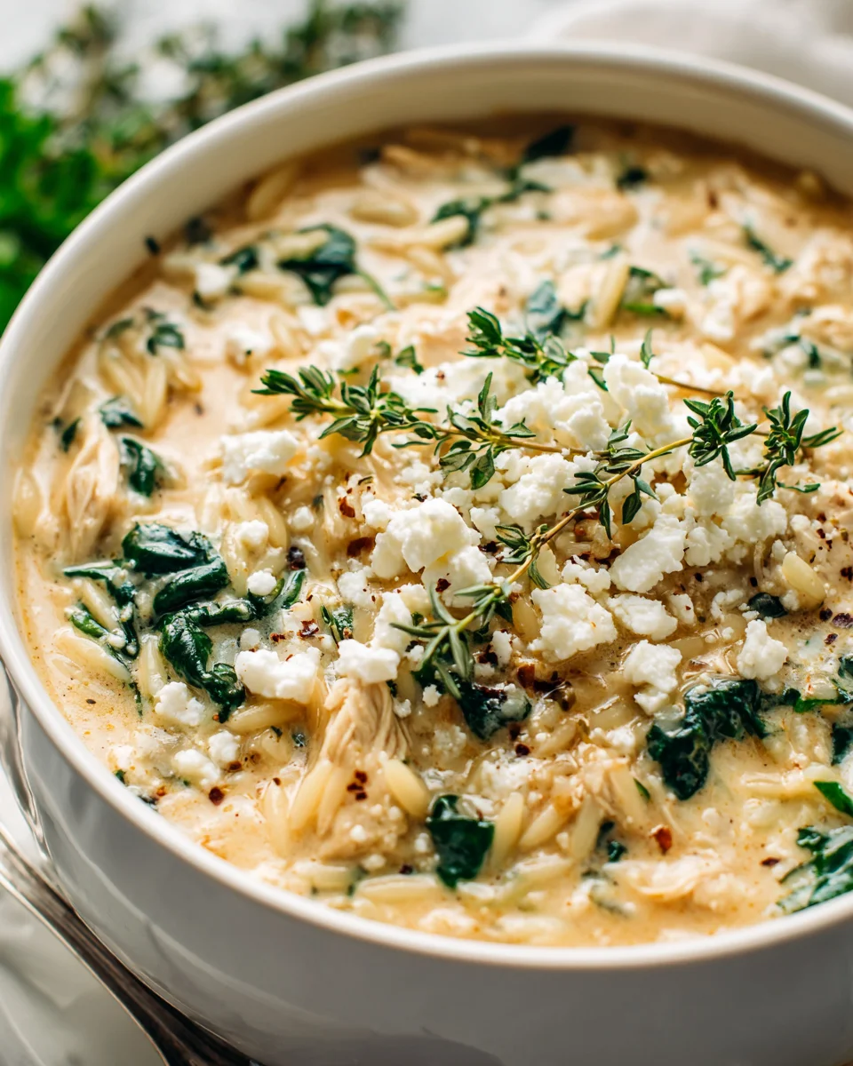 Cremige Hähnchen-Feta-Suppe mit Orzo im Slow Cooker