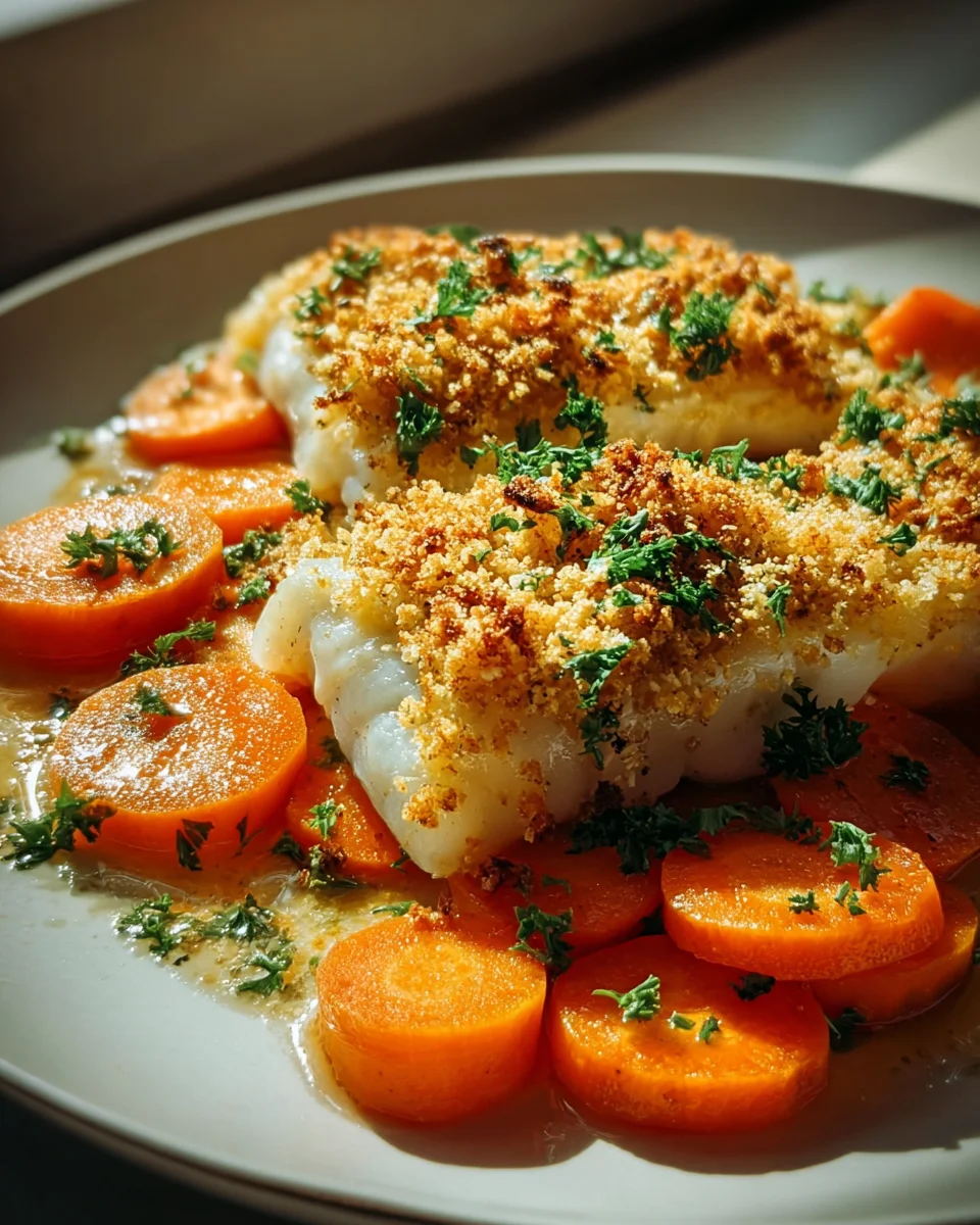 Seelachs überbacken auf Senf-Möhren