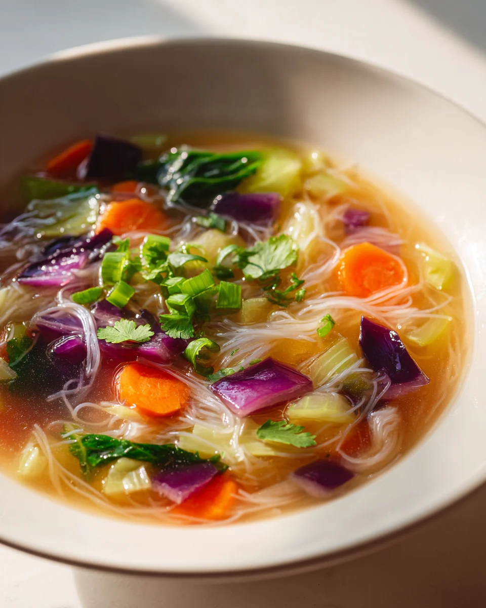 Klarer Gemüsebrühe mit Reisnudeln – Leckere Suppe genießen!