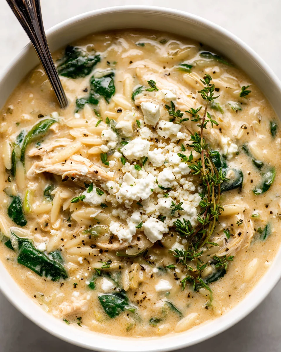 Cremige Hähnchen-Feta-Suppe mit Orzo im Slow Cooker