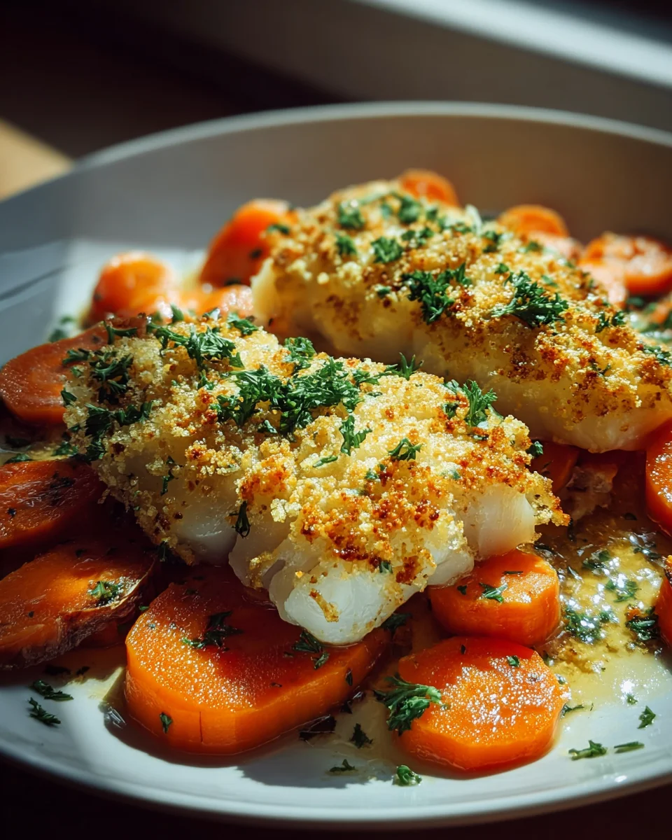 Seelachs überbacken auf Senf-Möhren