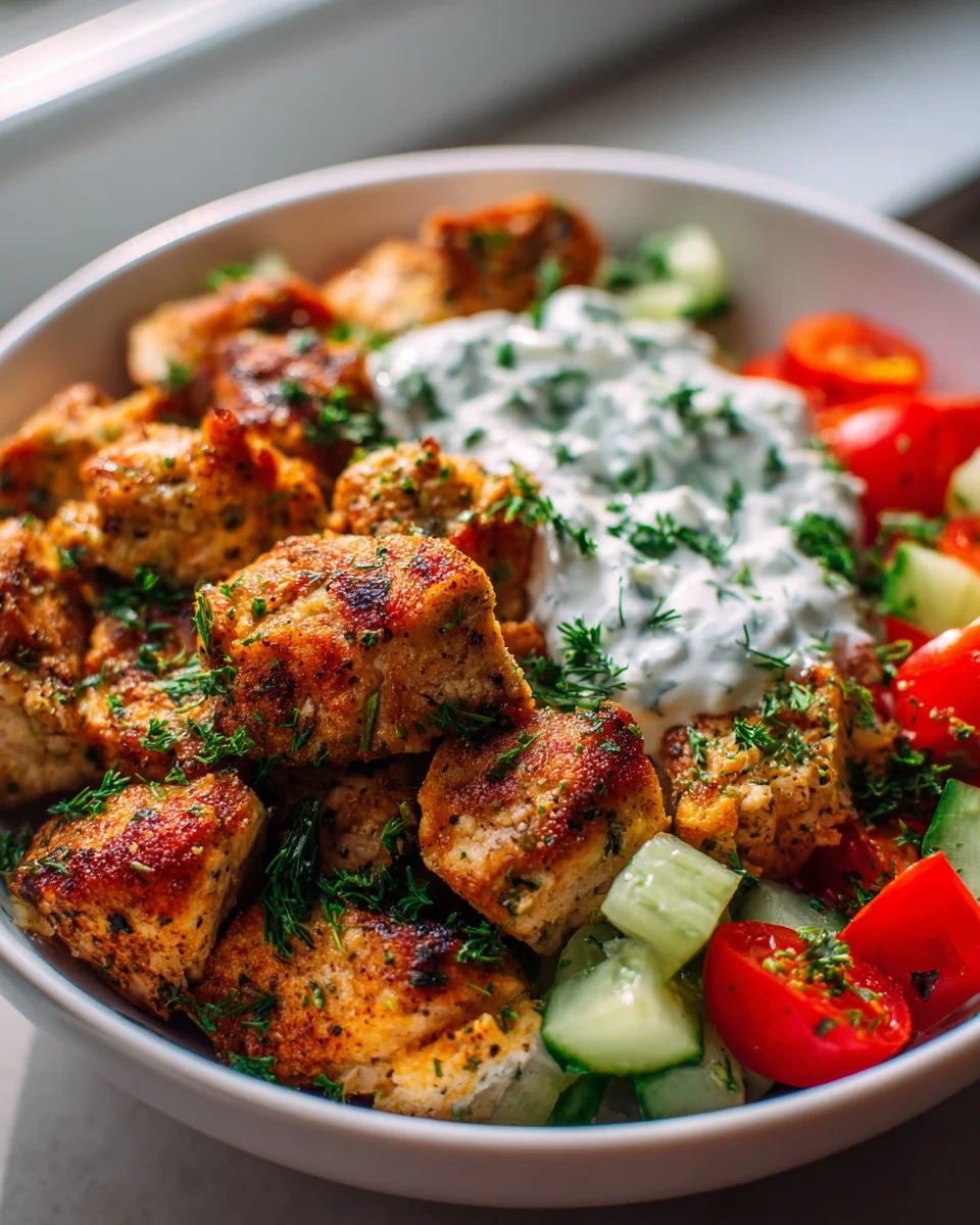 Air Fryer Griechische Chicken Bowl Bites mit Tzatziki-Sauce