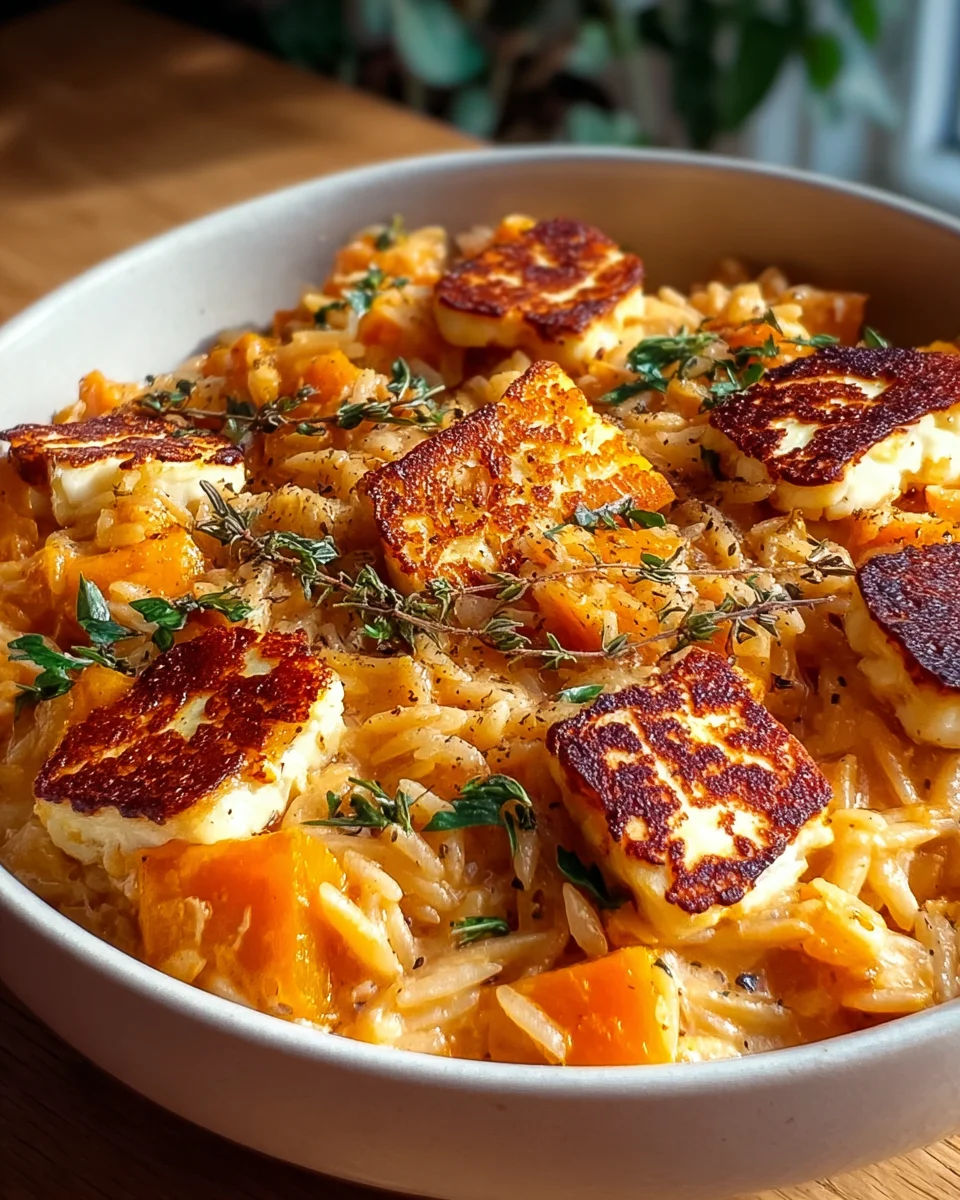 Butternut-Kürbis und Halloumi-Orzo-Auflauf