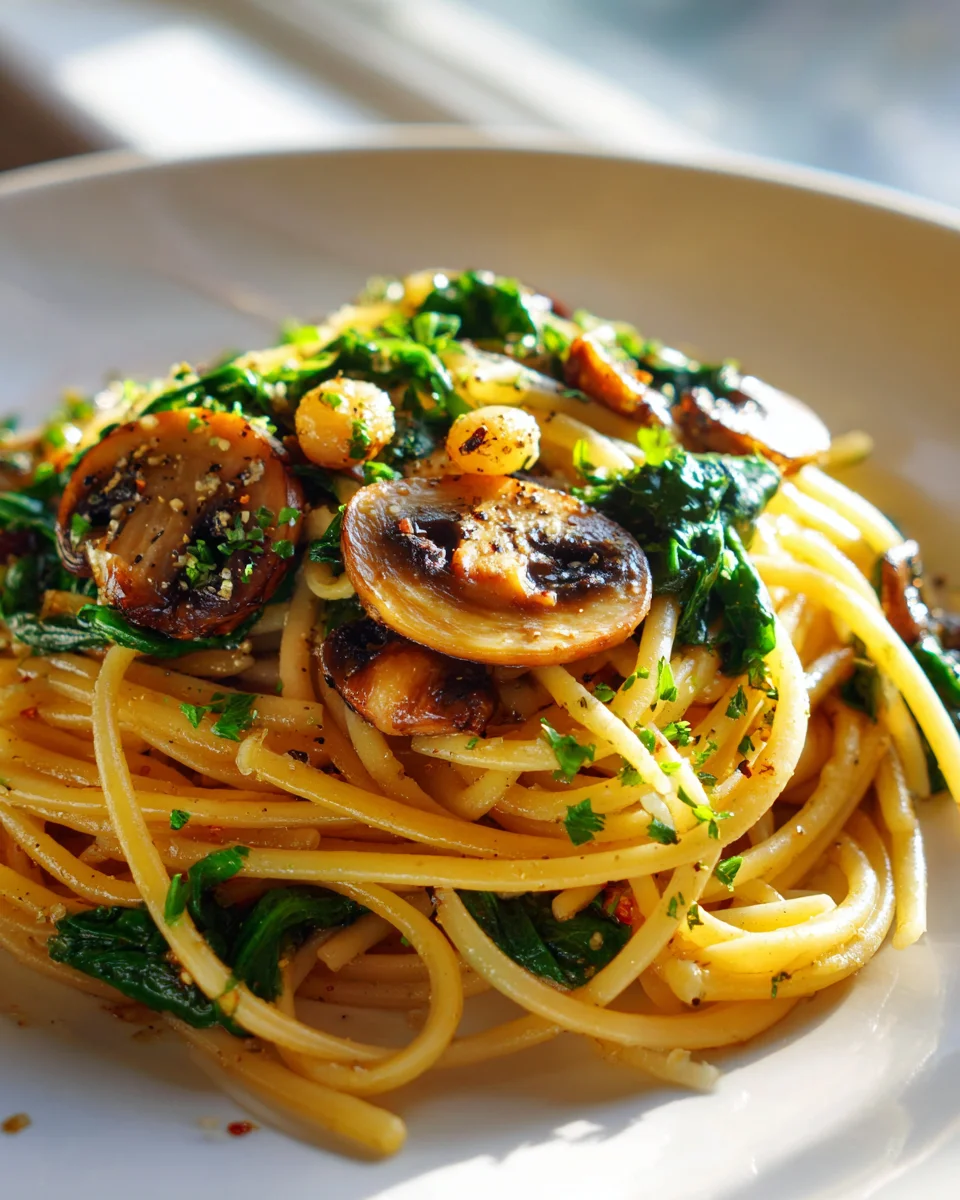Knoblauch-Pilz-Spinat-Linguine mit Olivenöl – einfach lecker!
