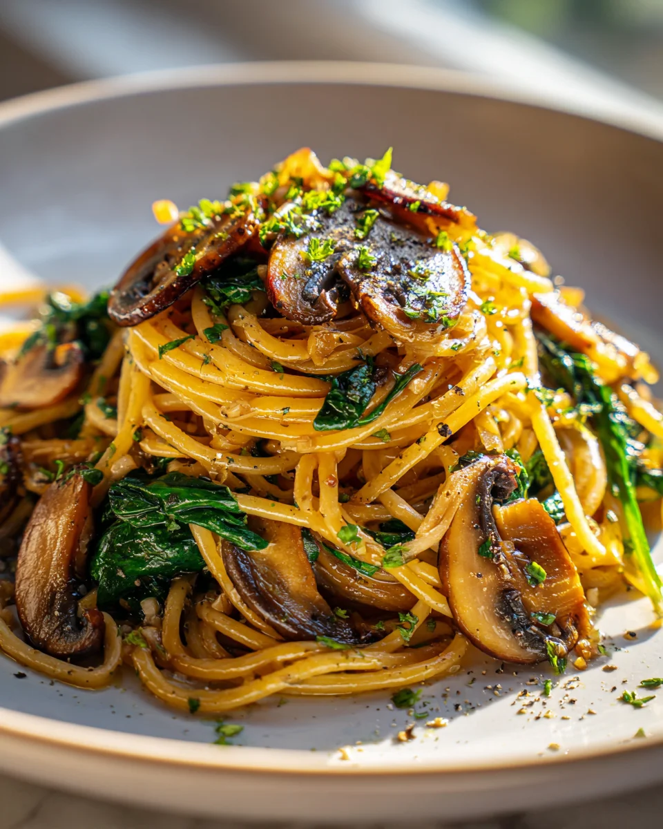 Knoblauch-Pilz-Spinat-Linguine mit Olivenöl – einfach lecker!