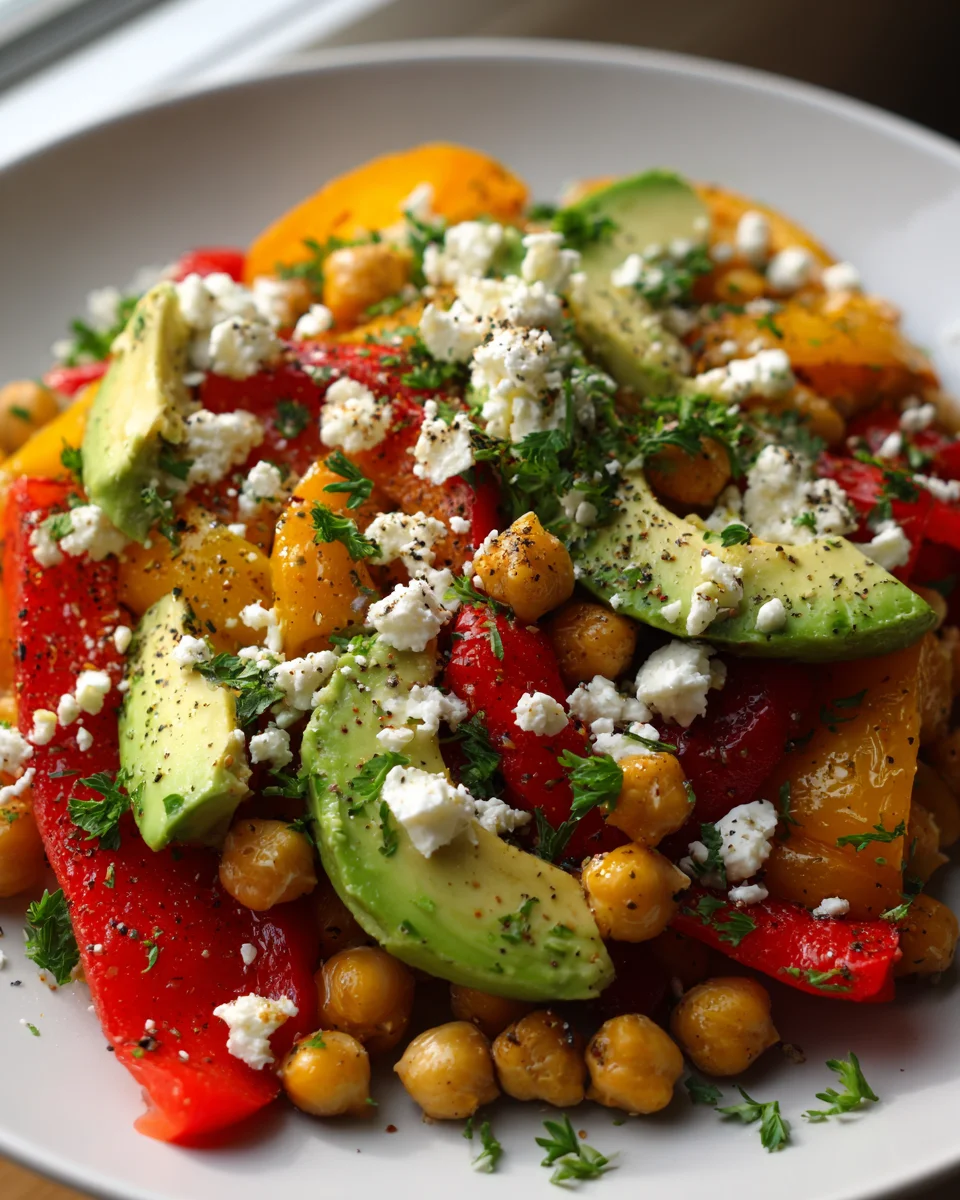 Kichererbsen-Feta-Avocado-Salat mit gerösteten Paprika