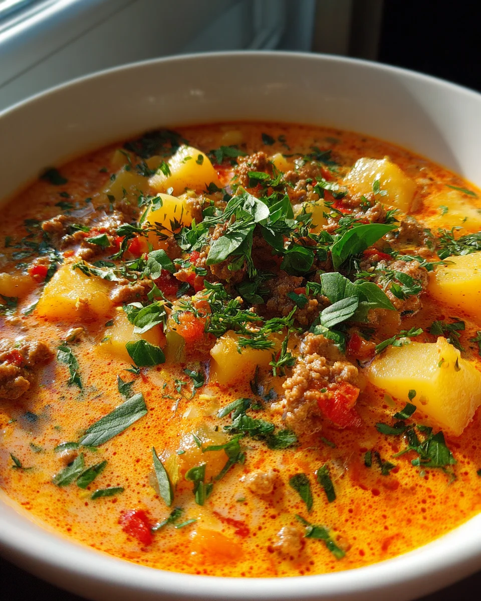 Pizzasuppe mit Hackfleisch und Kartoffeln im Slow Cooker