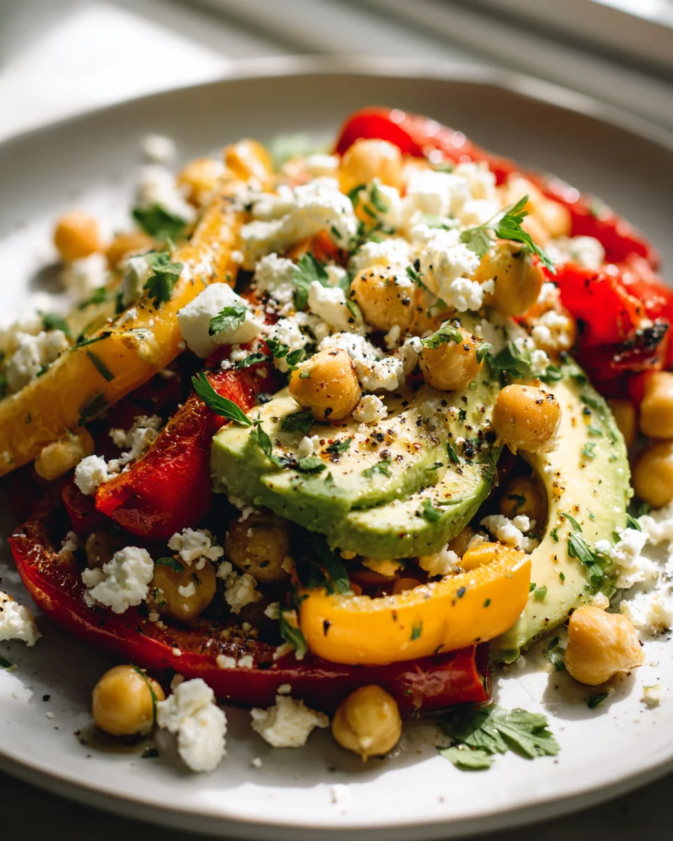 Kichererbsen-Feta-Avocado-Salat mit gerösteten Paprika