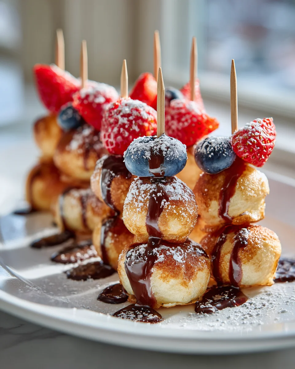 Mini Schwedische Pfannkuchen-Spieße mit Schokolade-Dekor