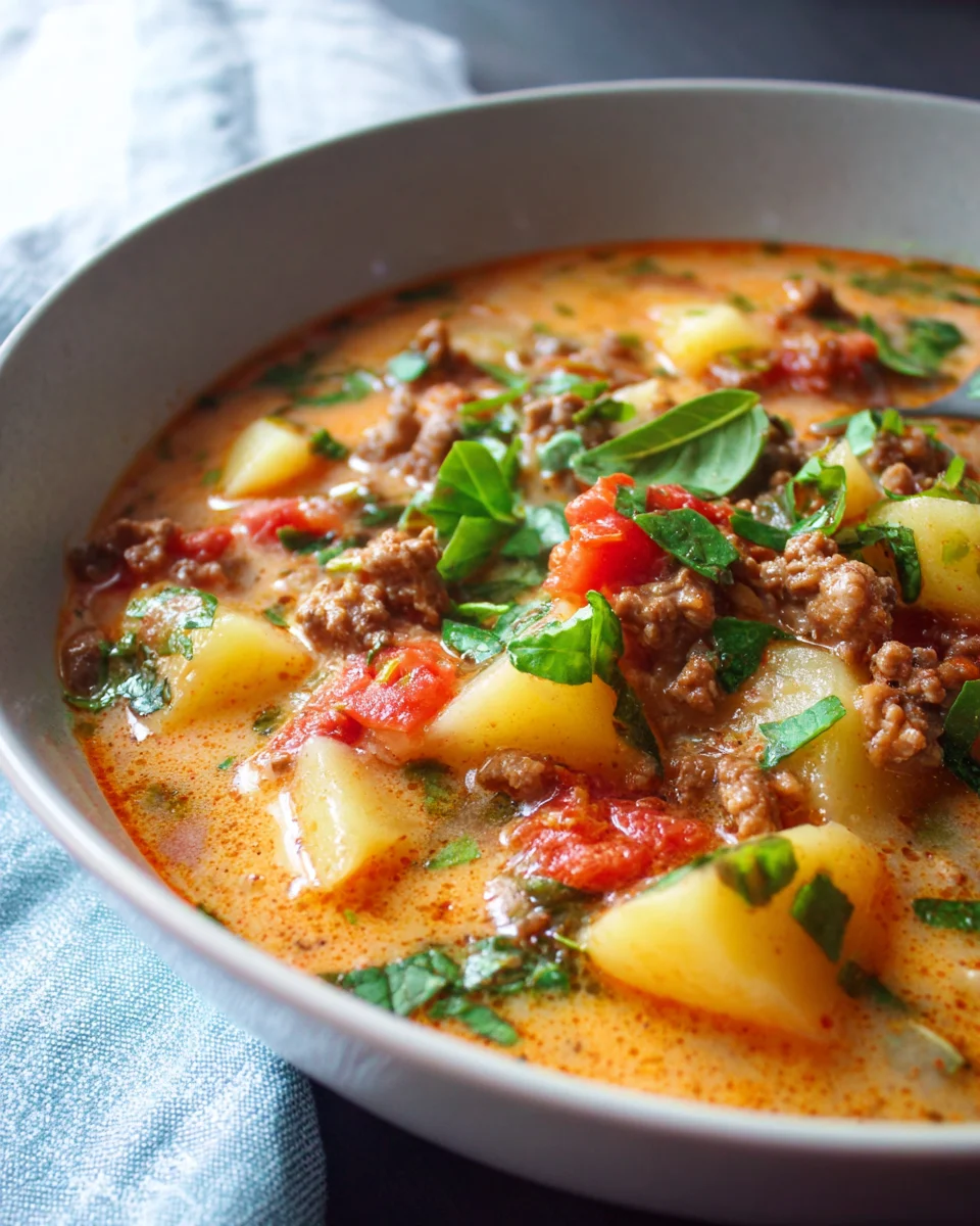 Pizzasuppe mit Hackfleisch und Kartoffeln im Slow Cooker