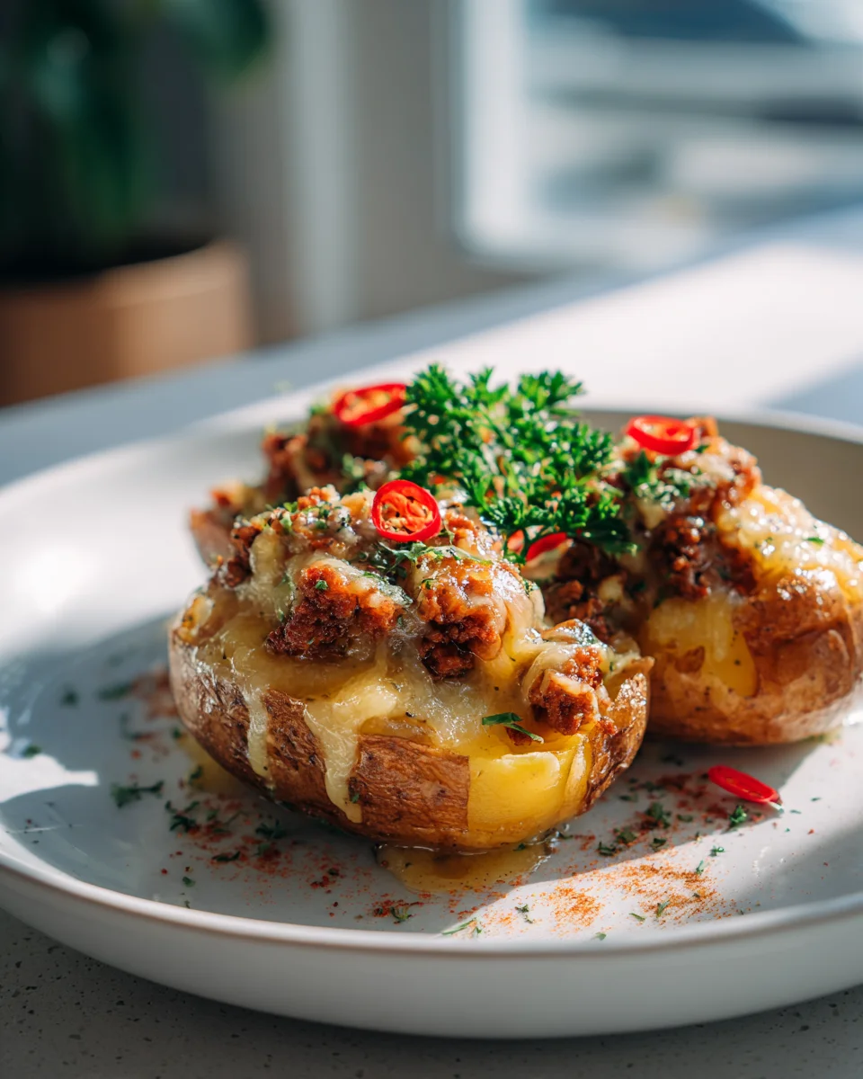Ofenfrische Kartoffeln mit Hack und Käse