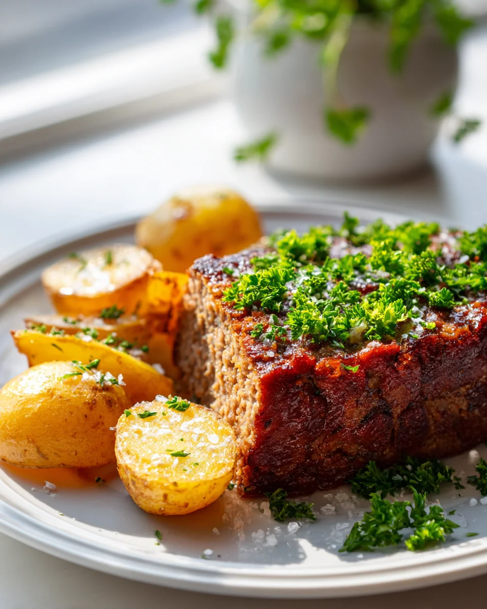 Saftiger Hackbraten mit knusprigen Ofenkartoffeln