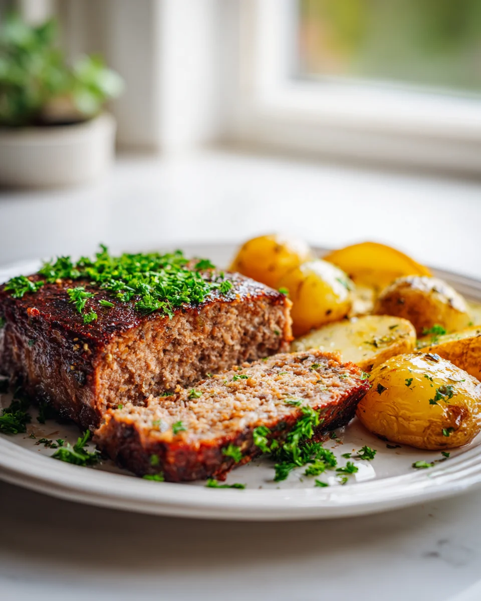 Saftiger Hackbraten mit knusprigen Ofenkartoffeln
